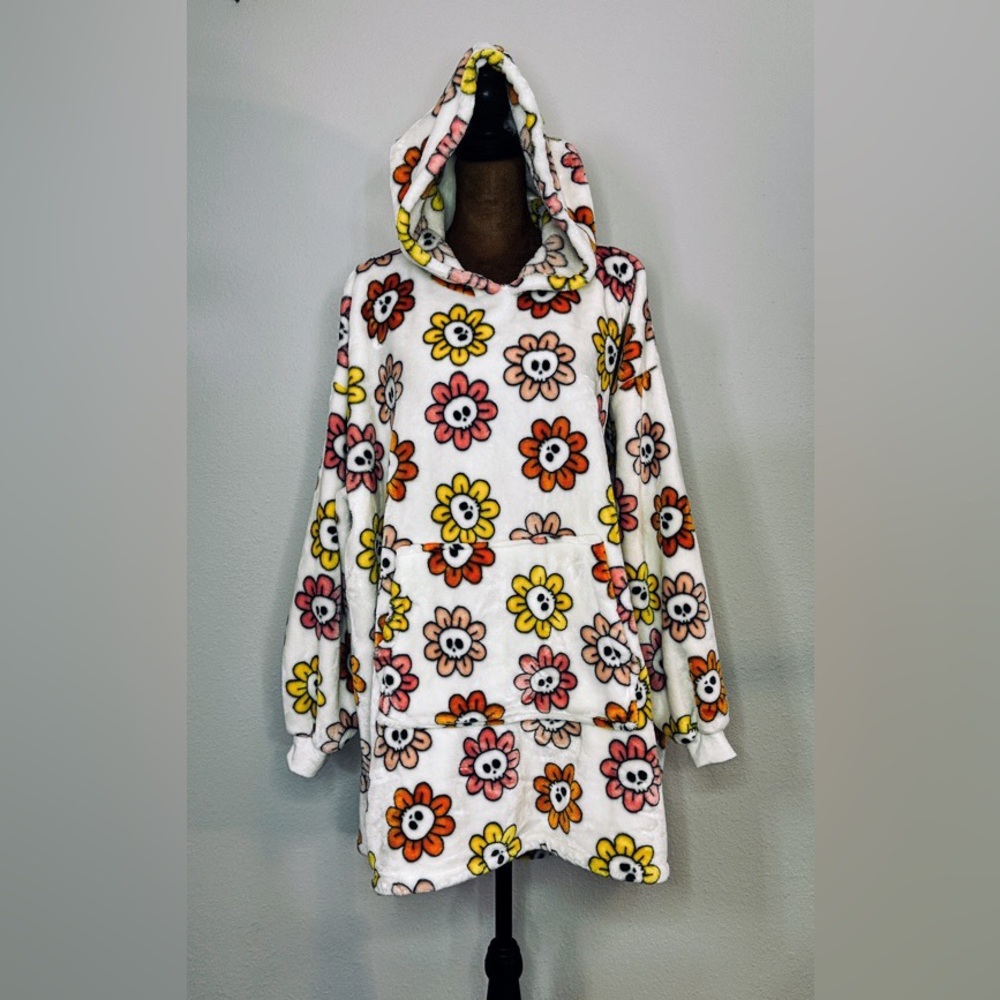 Skull Flower Fleece Hoodie Dress Oversized Pullover‎ Cozy Lounge Goth Cute